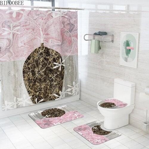 Stone Grain Pattern Waterproof Polyester Shower Curtain Bathroom Curtains Set Toilet Cover Non Slip Rug Bath Mats Home Decor