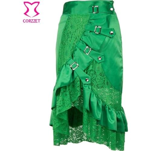 Corzzet Green Satin+ Lace Ruffles Buckle Women Vintage Plus Size 6XL Burlesque Victorian Gothic Steampunk Skirts