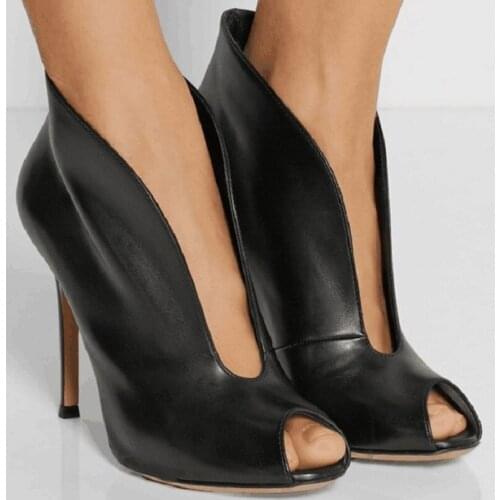 ASHIOFU Handmade Ladies High Heel Pumps Real-photos Peep-toe Party Dress Shoes V-neck Evening Fashion Court Shoes