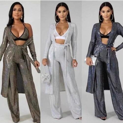 Glitter Sequin Patchwork 3 Piece Club Outfits Women Halter Crop Top and Wide Leg Trouser and Full Sleeve Cardigan Matching Sets