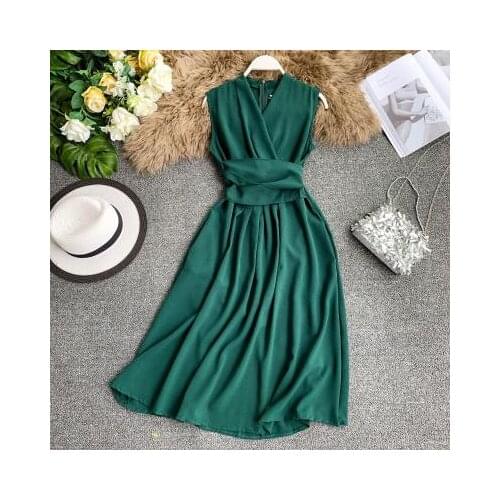 2020 Summer French Retro Dress Sexy V-neck Sleeveless Chic Cross Drawstring Elegant Temperament Solid Vestiods Mujer