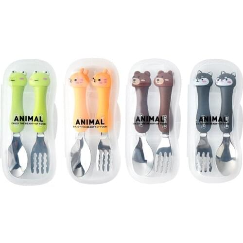 2Pcs Childrens Tableware Baby Feeding Spoon Fork With Storage Box Stainless Steel Non-Slip Kids Trainning Cutlery Dinnerwa