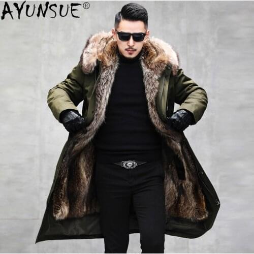AYUNSUE 2020 Mens Clothing Winter Jacket Men Long Parka Real Raccoon Fur Coat 100% Rabbit Fur Sleeves 5XL Coats Chaqueta LXR807