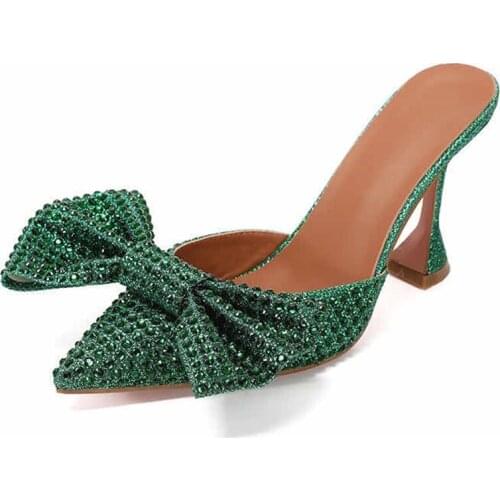 Bling Rhinestone Bow-knot Big Size Sex High Kitten Heel Pumps For Ladies Pointed Toe Sandals Women Dress Shoes Slip-on Stiletto