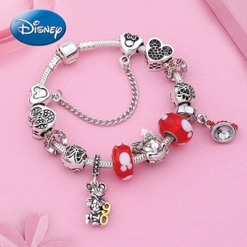 Disney New Mickey Minnie Cartoon Bracelet Red Glass Bead Bracelet Peach Heart Bow Jewelry