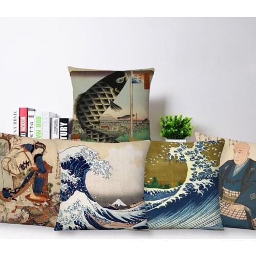 Ocean Waves Painting Cushion Cover Japanese Ukiyoe Art Beige Linen Pillow Case Decor Sofa Home Decoration 45X45cm 30X50cm
