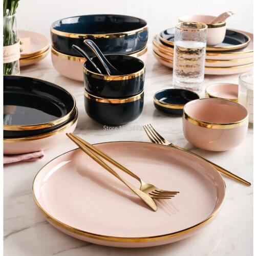 Pink Black Gold Inlay Ceramic Dinner Plate Tableware Porcelain Bulk Serving Dishes Home Wedding Decorative Dinnerware