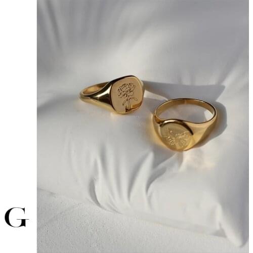 GHIDBK Vintage Butterfly Gold Color Rings For Women Girls Metal Flower Hibiscus Stainless Steel Ring Trendy Statement Jewelry