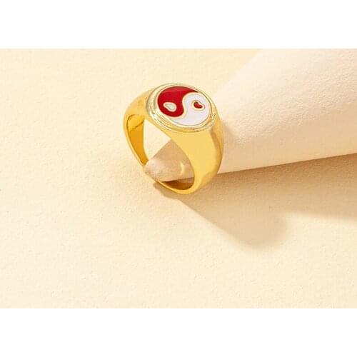 Fashion Chinese Style Red Blue Taiji Yin Yang Ring Romantic Couple Heart shaped Gold Ring Accessories Punk Party Jewelry Gift