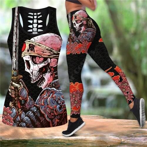 Skull Samurai Combo Outfit Leggings and Hollow out Tank Top Suit Yoga Fitness Soft Legging Summer Women For Girl 02