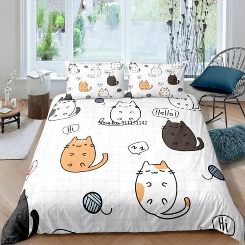 Cartoon Kitten Printed Bedding Set Cute Pet Cats Duvet Cover Set For Girl Twin Full King Double Sizes Pillowcase Home Bedclothes