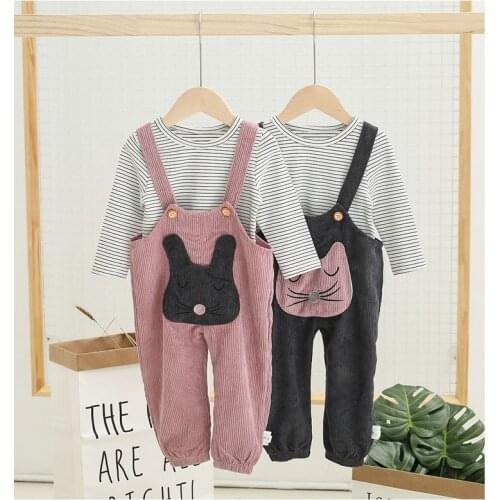 Little Girl Sets Cotton Casual Striped Shirt Cartoon Corduroy Jumpsuit for Girl Korean Fashion Autumn Toddler Kids Clothing Suit