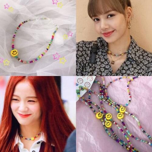 KPOP Lisa Jennie Multi Color Beads Necklace Fashion Handmade Jewelry Smile Pendant Chain Choker Necklace Women Girls