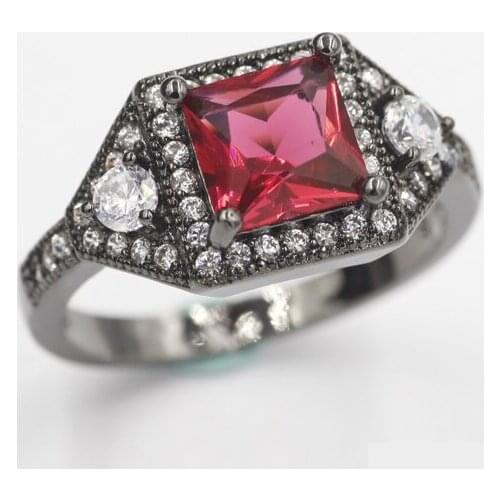 Fashion CZ Flower Shiny Red Ring Red Garnet Women Charming Engagement Jewelry Black Gold Filled Promise Rings HJ02