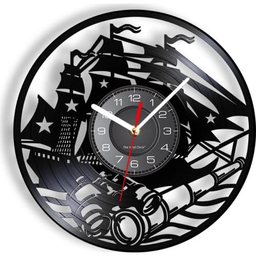 Sailing Boat Wall Art Yacht Design Home Deor Wall Clock Vintage Ship Vinyl Record Wall Clock Marina Scene Telescope Wall Watch