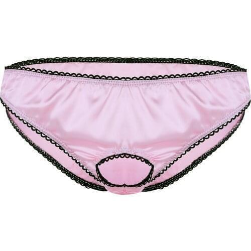 Mens Hot Lingerie Brief Open Front Penis Hole Sissy Bikini Underpants Soft Satin Low Rise Elastic Waistband Underwear Panties