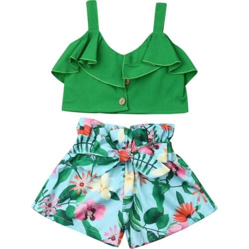 New Fashion Toddler Baby Girls Floral Vest Sleeveless Off Shoulder Crop Tops Floral Printed Shorts Outfits Clothes