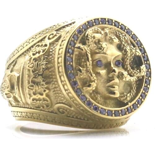 New Arrival Unisex 316L Stainless Steel Gold-Color Medusa Blue Stone Snake King Skull Ring