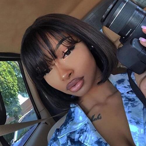 Glueless Short Bob Full Machine Made Human Hair Wigs Wiht Bangs For Black Women Straight Brazilian Remy Hair Wigs Natural Color