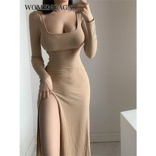 WOMENGAGA New Sexy Square Collar Solid Color Elastic Thin Temperament Simple And Fashion Long Sleeve Sexy Women Dress OIY5