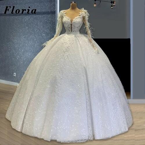 Luxury Sparkly Glitter Wedding Dresses Vestido De Novia Dubai Middle East Bride Dress 2021 Feathers Saudi Arabia Bridal Gowns