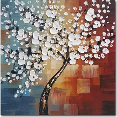 Hand Painted Oil Painting on Canvas White Flowers Art for Living Room Tree Picture Wall Decor Home Canvas Wall Art Bedroom Decor