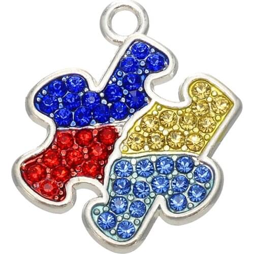 Skyrim 3PCS Colorful Crystal Puzzle Piece Jigsaw Charms Autism Awareness Pendant Fit Bracelets Necklace DIY Metal Jewelry Making