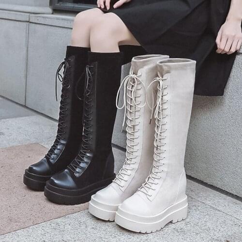 Round Toe PU Warm Women High Long Boots lace-up Vogue Women Knight Boots Rubber Thick Heels Knee-high Boots Women Shoes Autumn