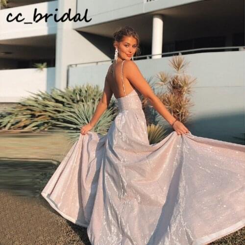 A-line Sparkly Prom Dresses Long 2020 Sexy Backless rochii Evening Gowns With Pocket Plus Size vestido de baile longo