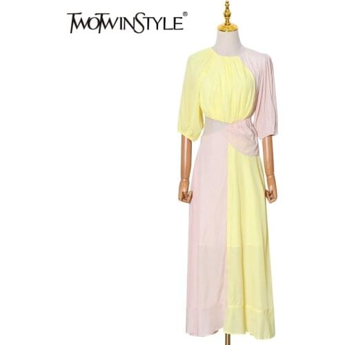 TWOTWINSTYLE Sexy Dress For Women O Neck Three Quarter Sleeve Hollow Out Patchwork Hit Color Designer Dresses Female 2021 Style
