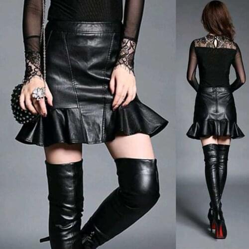 Spring customized faux leather female fishtail mini A line skirt slim Flounced ruffles trumpet mermaid high waist pleated skirts