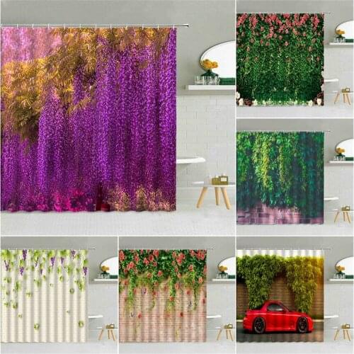 Green Vine Leaves Shower Curtain Wisteria Rose Flower Wall Car Street Scenery Bathroom Decor Waterproof Cloth Hooks Curtains Set