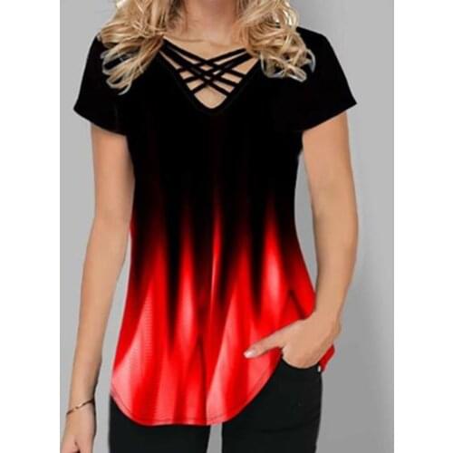 Gradient Ladies Design T Shirts Streetwear Casual V-Neck Loose T Shirt Short Sleeves Cross Female T Shirts New Clothes