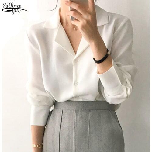 2021 Solid Chiffon Blouse Womens Tops and Blouses Summer Korean Long Sleeve Women Clothing V-neck Office Shirt 9380 50