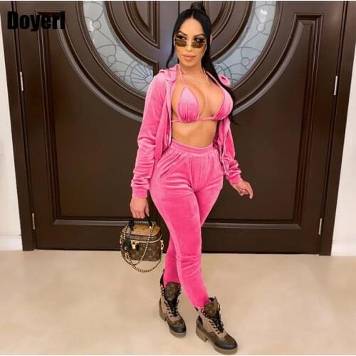 Velvet 3 Piece Set Women Tracksuit Autumn Winter Outfits for Women Bikini Top Hooded Jacket and Pants Set Women Sweat Suit Set