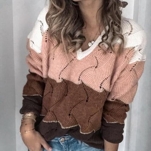 Women Striped High Quality Sweaters Pullover Autumn Winter V Neck Long Sleeve Color Block Knitted Sweater Hollow Jumper 2021