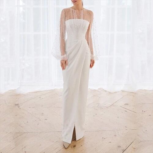 Beach Wedding Dresses 2021 Long Pull Sleeve Floor Length Fashion Satin Tulle Split Front Elegant Vintage With Beading