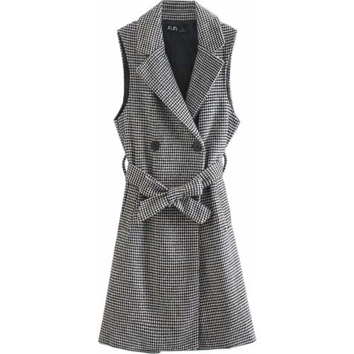 BBWM Elegant Commute Women 2021 Fashion Houndstooth Double Breasted Belt Vest Long Coat Vintage Sleeveless Female Chic Top