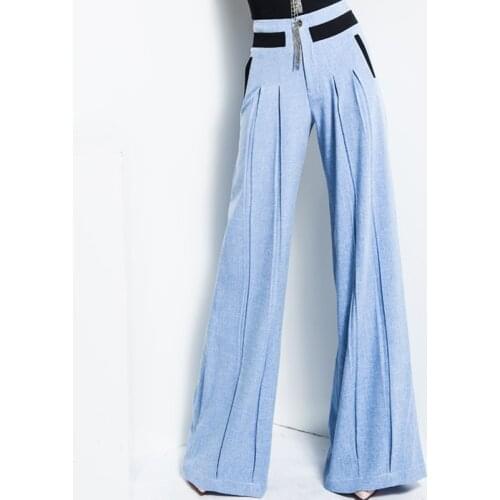 Fall Spring Fashion High Street Women Blue Patchwork Pleated Wide Leg Trousers , High Waisted Loose Female Woman Casual Pants