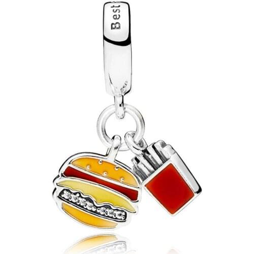Bewill Valentines Day S925 Sterling Silver New French Fries Hamburger String Decoration Diy Bracelet Charm