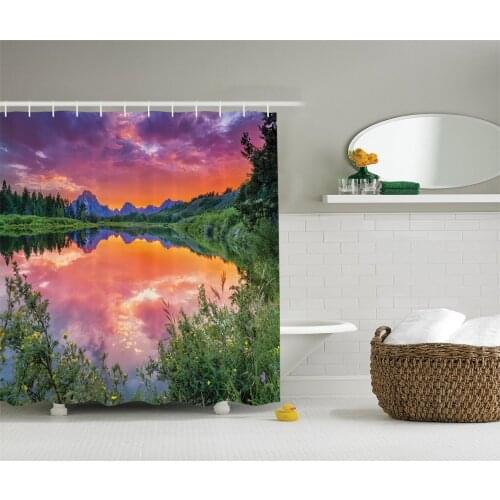 Mountain in Wyoming View Decor Shower Curtain Colorful Sunset Reflection on River Nature Picture Polyester Fabric Bathroom Set