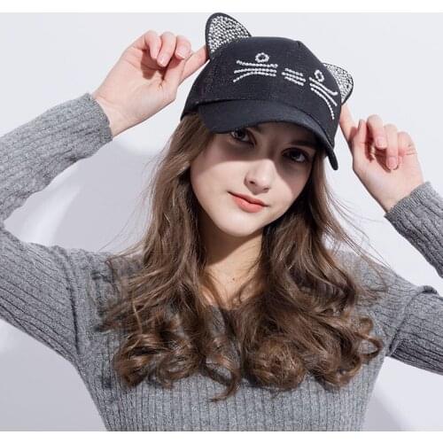 Adult Kids Rhinestone Caps Snapback Hip-hop Solid Pink Black Gray White Diamond Baseball Cat Hats with Ears Adjustable Visor Cap