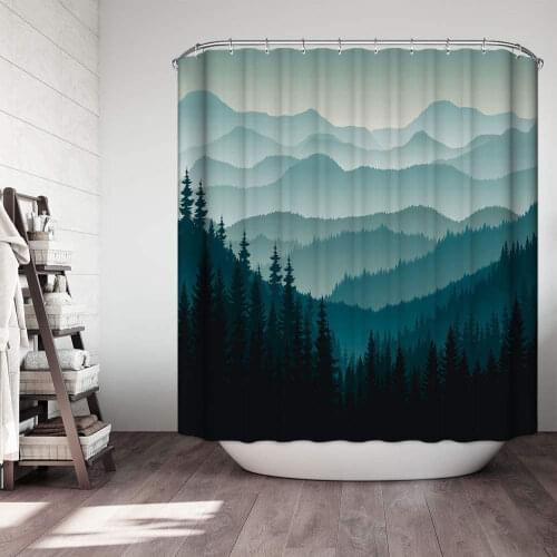 Mountain Forest Scenery 3D Shower Curtain Bathroom Home Decor Fog Printed Waterproof Polyester Fabric Screen Cover + 12pcs Hooks