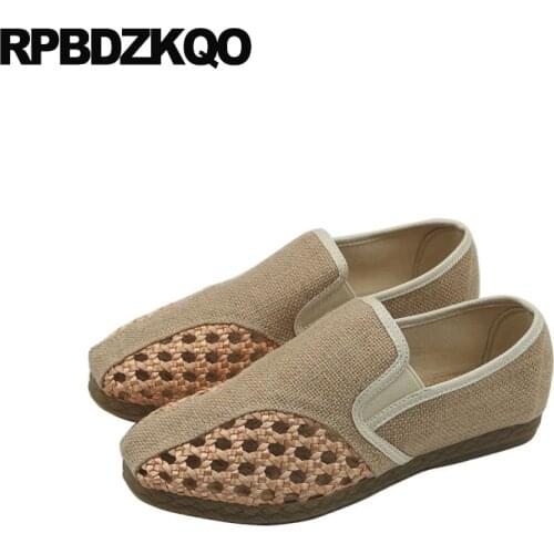 Retro Canvas Summer Espadrilles Designer Slip On Braided Comfort Breathable Hollow Out Shoes Men Woven Flats Chic Hemp Casual