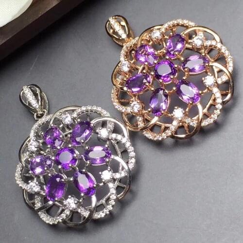 Fine Jewelry Real 925 Steling Silver s925 100% Natural Amethyst Gemstone Female Pendant Necklaces Christmas Gift