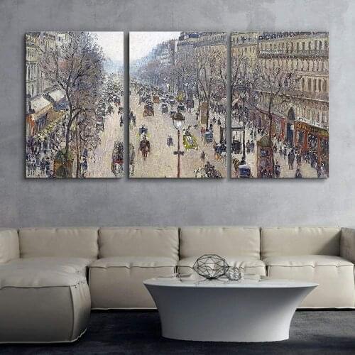 Camille Pissarro 3 Panel World Famous Painting Reproduction on Canvas Wall Art - Boulevard Montmartre, Morning Drop shipping