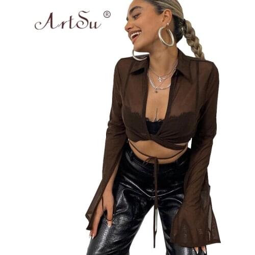 ArtSu Brown Sexy Mesh T-Shirts Women See Through Criss Cross Bandage Wrap Crop Top Deep V-Neck Slim Tshirts Club Tops Autumn