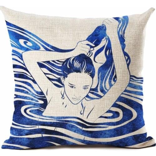 Fashion Design Ocean Style Sea Woman Linen Cotton Square Retro Floral Home Decor Throw Pillow Cushion Cover Cojines