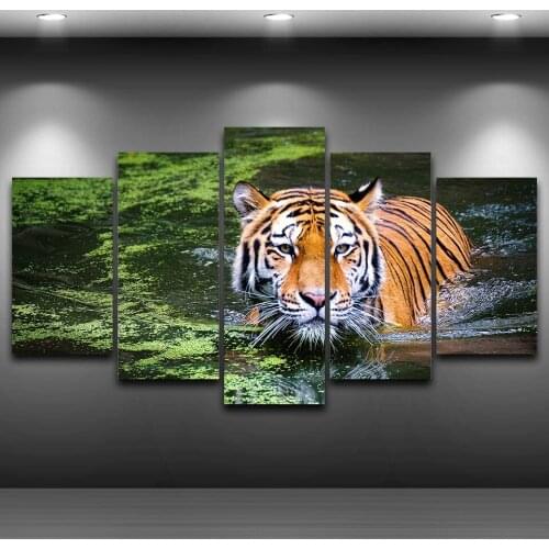 Modular Vintage Pictures Home Decor 5 Panel Animal Tiger Paintings On Canvas Wall Art Framework For Living Room HD Printed