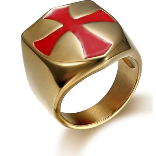 Free Shipping Punk Mens 316L Stainless Steel Knights Templar Ring Red Cross Golden Plated Color Shield Rings Jewelry